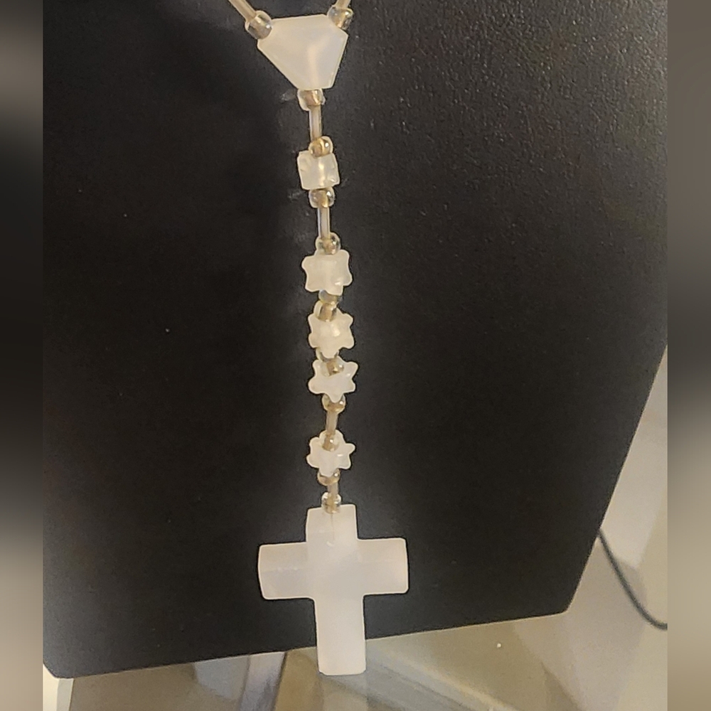 Elegant White Beaded Cross Necklace ( Tourmaline), 18.5". - Picture 2 of 4